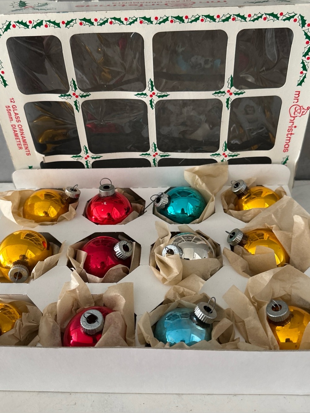 BOX OF 12 VINTAGE SHINY BRITE ORNAMENTS 2" MULTI-COLOR